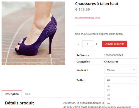 gestion des tailles & couleurs